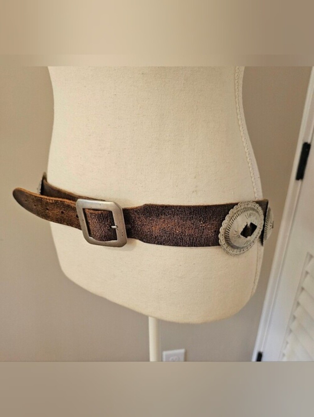 Vintage Handmade Southwestern Concho Belt | Rustic Brown Leather | Western Boho - Picture 4 of 15